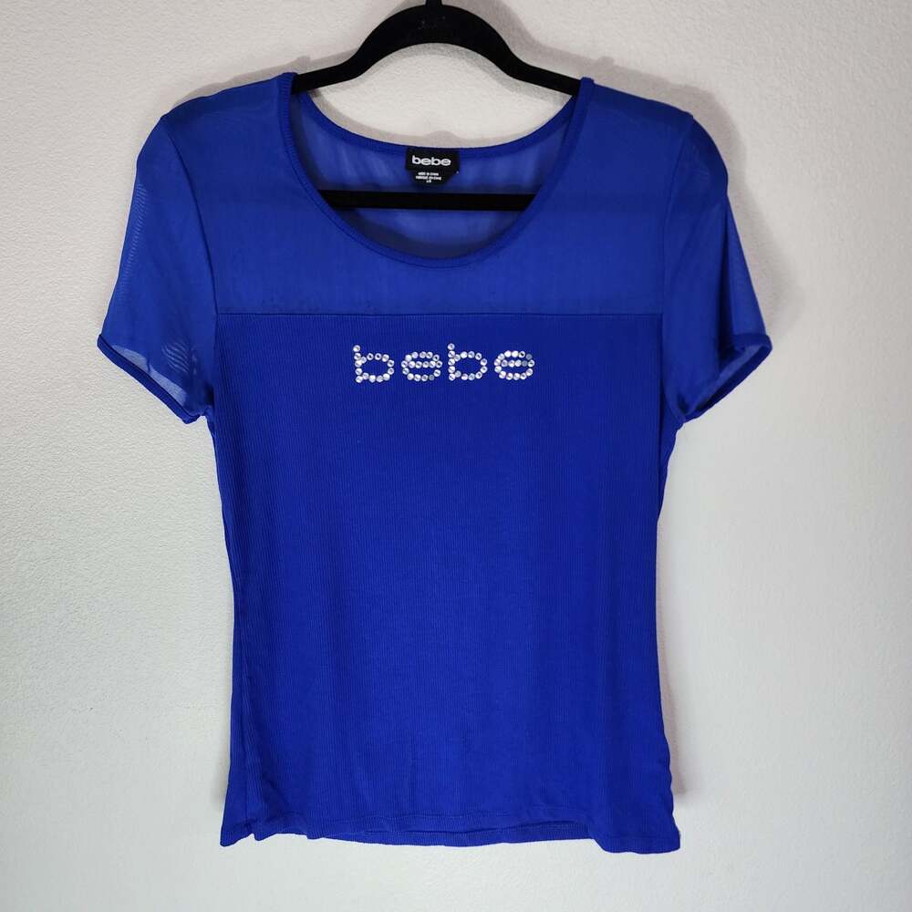 Bebe Mesh Panel Ribbed Rhinestone Logo Top Surf The Web Blue Size Large - Picture 2 of 9